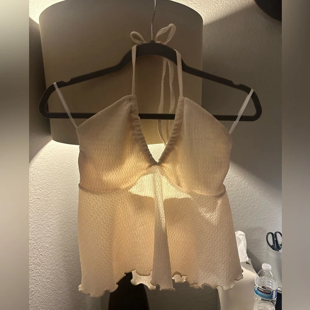 NEW Textured Beige Halter Crop Top Versatile Keyhole Tube Ties A-Line Swing XS - Picture 6 of 10